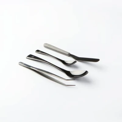 Image of Chef Frank Haasnoot Plating Kit Utensil Set Black 4 pcs of Tools Packed in a case Culinary Garnish Tweezers, Quenelle Spoons &amp; Spatula Food Styling Pastry Cooking