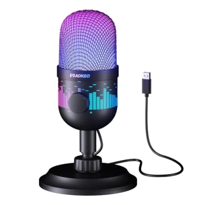 Image of Aokeo Gaming Microphone, USB Computer Microphone for PC, Mac, PS4/5, Condenser Podcast Mic Studio Recording, Streaming YouTube, with Led Light