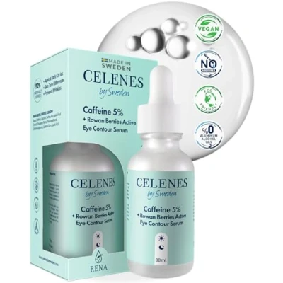 Image of Celenes by Sweden Eye Contour Serum, Antioxidant+Caffeine+Rowanberry Caffeine Serum for Dark Circles &amp; Under Brightener Alcohol/Parfum/Paraben Free Bags Remover Men and Women, 30ml