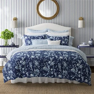 Image of Laura Ashley King Duvet Cover Set, Reversible Cotton Bedding Includes Matching Sham(s) with Bonus Euro &amp; Throw Pillow Covers (Branch Toile Blue, King)