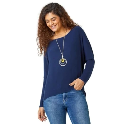 Image of Roman Womens Necklace Detail Stretch Knit Top Navy Size Large