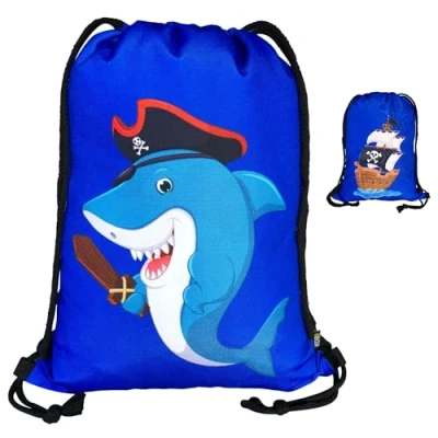 Image of HECKBO kids pirate shark gym drawstring bag 40x32cm 12.6&quot; x 15.8&quot; string kindergarten daycare crèche school football children girl boy backpack, sports bag, fabric
