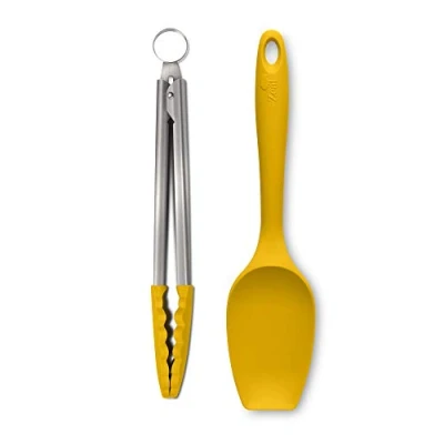 Image of Zeal JSET11M Non Stick Silicone Large Spatula Spoon &amp; Cooking Tongs 2 Piece Set Mustard