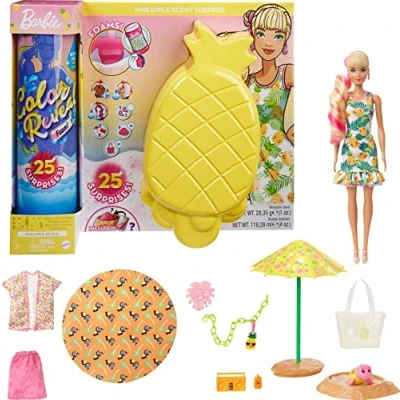 Image of Barbie Color Reveal Foam! Doll &amp; Pet Friend with 25 Surprises: Scented Bubble Solution, Outfits, Hair Extension, Accessories, Kid Bracelet Charm Hidden in Sand, Gift for Kids 3 Years Older