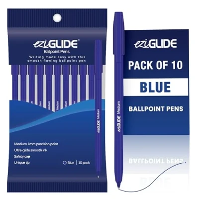 Image of Eziglide Ballpoint Blue Pen, Pack of 10 Pens, Smooth Writing Action Medium Point 1.0mm Coloured Pens Multipack Ball Ideal for School, Home or Work Stationery Supplies