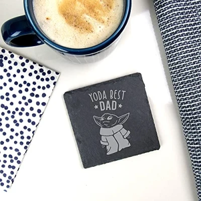 Image of eBuyGB Personalised Square Slate Coaster, Engraved Baby Yoda Star Wars Themed Drinks Mat, Funny Gifts for Dad from Daughter, Son (Yoda Best Dad)