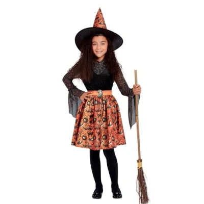 Image of Smiffys Vintage Witch Costume, Orange Dress &amp; Hat, Halloween Child Fancy Dress, Up Costumes