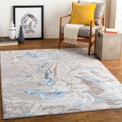 Image of Livabliss Adria Abstract Rug Area Rugs Living Room 160x220 cm, Dining Room, Lounge, Kitchen, Bedroom Modern Marble Rug, Soft Luxurious Easy Care Medium Pile Large Grey, Blue and Ivory