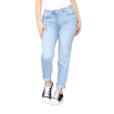 Image of Womens Mom Jeans Tapered Leg Straight Ladies High Stretch Denim Pants Light Blue Waist Size 12