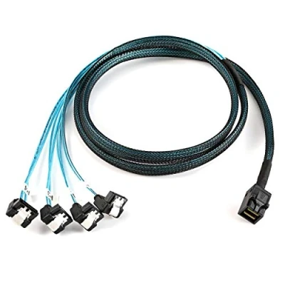 Image of cablecc Internal Mini SAS SFF 8643 Host to Angled 4 SATA Target Hard Disk 6Gbps Data Server Raid Cable 1m
