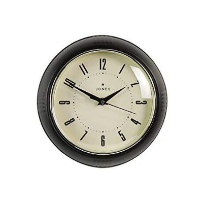 Image of Jones Clocks® Ketchup wall clock Retro round 25cm Black Easy to read numbers Perfect kitchen or office