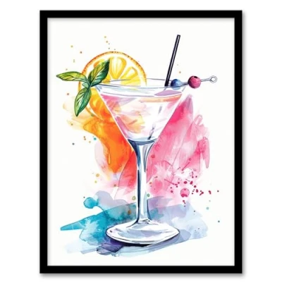 Image of Artery8 Manhattan Cocktail Bright Modern Watercolour Kitchen Artwork Framed Wall Art Print 18X24 Inch