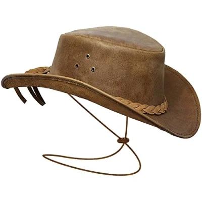 Image of BRANDSLOCK Cowboy Hat Women Men Real Leather Western Style Wide Brim Cowgirl Shapeable Lightweight Handcrafted Durable Bush Tan