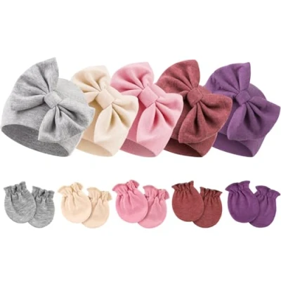 Image of DRESHOW Newborn Baby Girls Hats Mittens Set Hospital Hat Beanie Infant Cotton Gloves No Scratch 0 6 Months