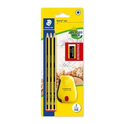 Image of STAEDTLER 120 SBK3P2 Noris limited edition Happy Birthday pack of 3 graphite HB pencils, eraser and tub sharpener