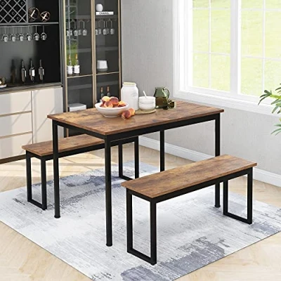 Image of Merax Kitchen Dining Table and 2 Bench Set, Garden Home Furniture Set Room Furniture, Solid &amp; Sturdy Metal Frame Industrial (Rustic Brown)