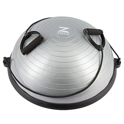 Image of ZELUS 58cm Half Exercise Ball Stability Balance Board with Resistance Bands for Yoga Workouts, Dome Pilates Trainer Foot Air Pump, Grey
