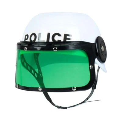 Image of Boland Police Children&#039;s Helmet with Chin Strap, Green Visor, Fold Up Costume, Carnival, Theme Party, White