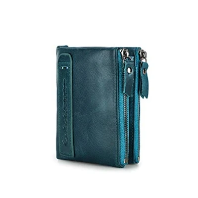 Image of Contacts Mens RFID Short Wallet Genuine Leather Women Bifold Card Coin Purse Double Zipper Pocket (Blue)