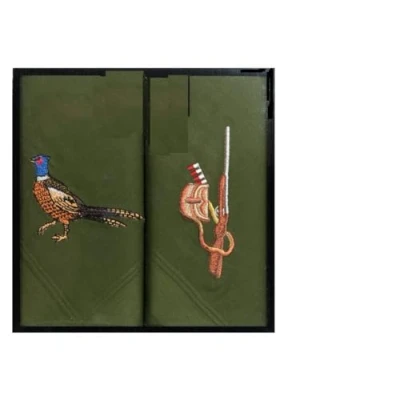 Image of Two 40cm Square cotton embroidered green handkerchiefs with a pheasant on one and shotgun cartridge bag the other