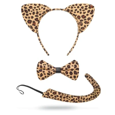 Image of Lizzy ANIMAL EARS BOW TAIL SET Costume Accessory Fancy Dress Party Kids Adults Headband (Leopard Set)