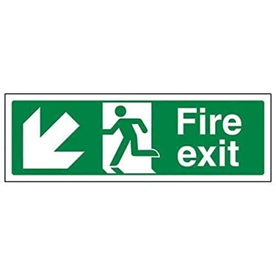 Image of V Safety Fire Exit Arrow Down Left Sign Landscape 450mm x 150mm 2mm Rigid Plastic