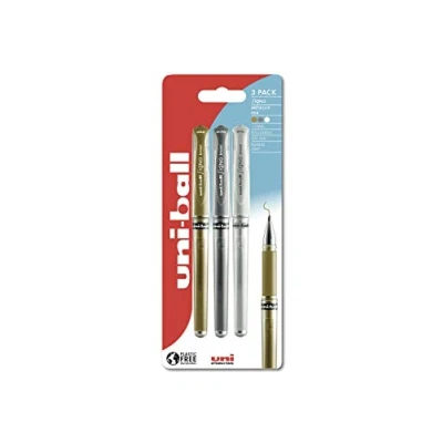 Image of Uni Ball UM 153 Signo Metallic Rollerball Gel Colouring Pens. Premium Broad 1.0mm Ballpoint Tip. Arts and Crafts for Kids &amp; Adults. Fade Water Resistant Super Ink. Pack of 3 Gold, Silver, White