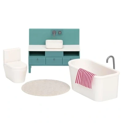 Image of LUNDBY Dolls House Furniture Bathroom Set — Freestanding Bath + Sink Unit Toilet Mat Towel Doll Accessories 5 pieces for 11cm Mini Age 3+ 1:18