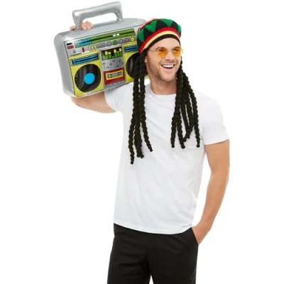 Image of Smiffys Jamaican Kit, Multi Coloured with Dreadlocks, Glasses &amp; Inflatable Radio, Hawaiian Luau Fancy Dress, Adult Dress Up Accessories