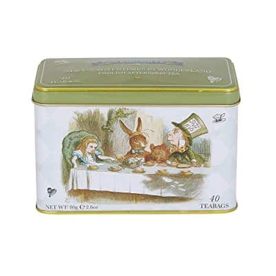 Image of New English Teas Alice in Wonderland Tea Caddy with 40 Afternoon Bags, Mad Hatter Party Decorations, Small Tin, Teabag Box Ceylon Bags