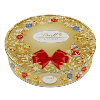 Image of Topline Lindt Christmas Chocolate Bulk Buy Festive Selection of Favourite Assorted Sweets Wreath Tin Gift 400g Card. for Stocking Fillers, Secret Santa Gifts.