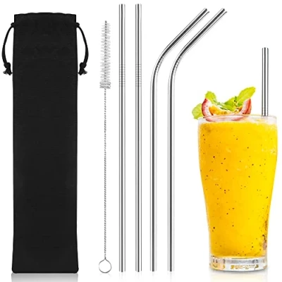 Image of iShop Reusable Metal Drinking Straws Set of 4 Premium Sliver Stainless Steel Straw with Cleaning Brush Eco Friendly FDA BPA Free Velvet Travel Pouch Ideal for and Home