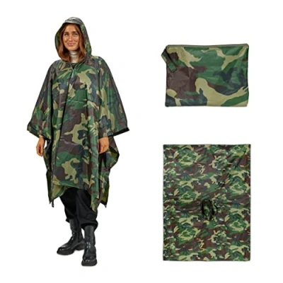 Image of Relaxdays Rain Poncho, Multi Purpose 3 in 1 Camouflage, Tent with Hood, Waterproof, Cape for Men and Women, Green/Brown, Pack of