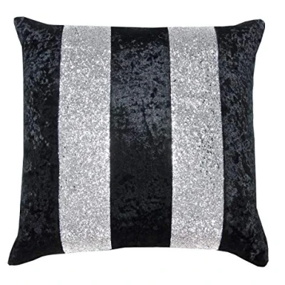 Image of Red Rainbow Luxury Crushed Velvet &amp; Silver Glitter Stripes Sparkle Cushion Cover (Black Silver, 22&quot; x 22&quot;)