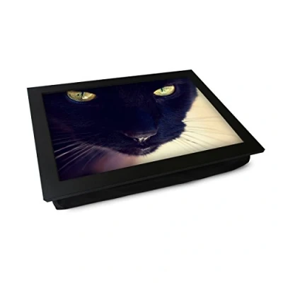 Image of Extra Large Portable Lap Desk Tray (Black Cat) Wide Multi Purpose Handmade Wooden Frame, Big Beanbag Cushion Bottom Computers, Laptops, Meals, Food 49.8cm XL17 Black