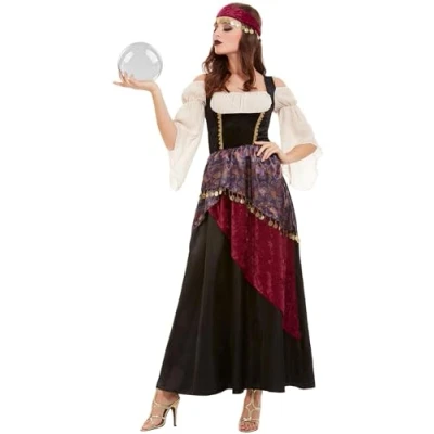 Image of Smiffys Deluxe Fortune Teller Costume, Black with Dress &amp; Headband, Circus Fancy Dress, Adult Up Costumes