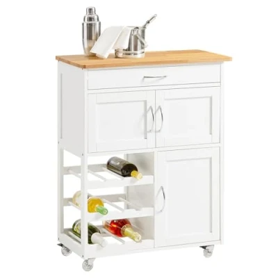 Image of SoBuy FKW45 WN, Kitchen Storage Trolley Serving Cabinet with Rubber Wood Worktop