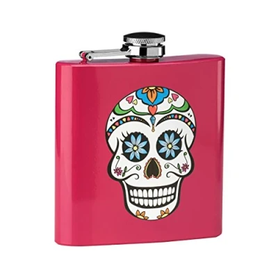 Image of Premier Housewares Skull Design Hip Flask, Stainless Steel, 6 oz Pink