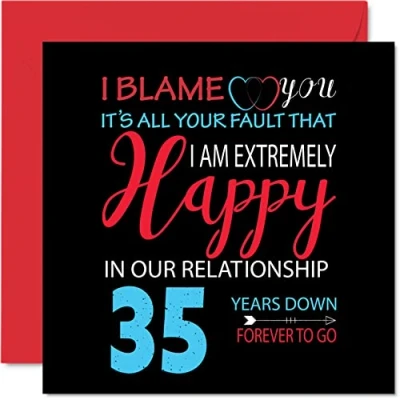 Image of Funny Coral Anniversary Card for Husband Wife Your Fault I&#039;m Extremely Happy 35th Wedding Partner, 145mm x Greeting Cards Thirty Fifth Anniversaries