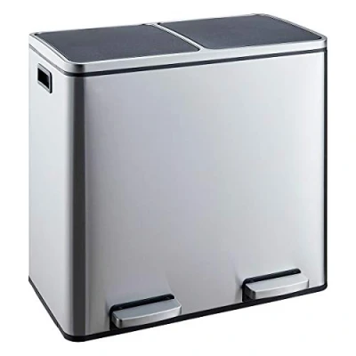 Image of EVRE 60L Kitchen Waste Rubbish Recycling Soft Close Bin 2 x 30L Double Compartment Separation with Removable Plastic Buckets, Odour Seal, Smudge &amp; Fingerprint Resistant (Silver)