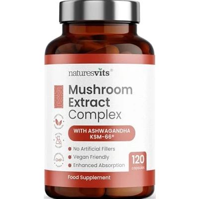 Image of 6 Mushroom Supplement with Ashwagandha, 120 Capsules Lions Mane, Cordyceps, Shiitake, Reishi, Chaga and Maitake Complex Mood, Focus Brain Support Herbal Nootropic 40% Polysaccharides