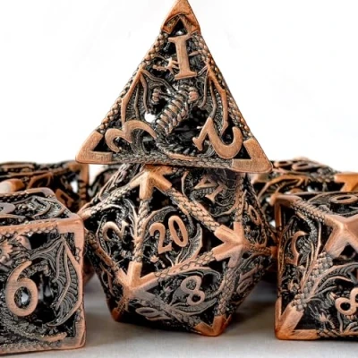 Image of Pure Copper Hollowed Metal D&amp;D dice Set, Hollow Polyhedron DND 7pcs dice, Suitable for Role Playing Games Such as Pathfinder RPG Shadow Run Set