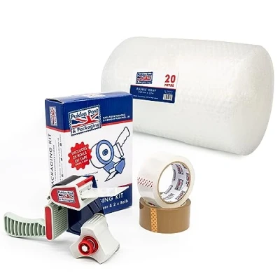 Image of Pukka Pad, Post &amp; Packaging Bubble Wrap 300mm x 20m with Tape Dispenser and 2 Rolls for Protective Secure Packing, Moving, Storing, Shipping Reduce Damage from Falls Debris