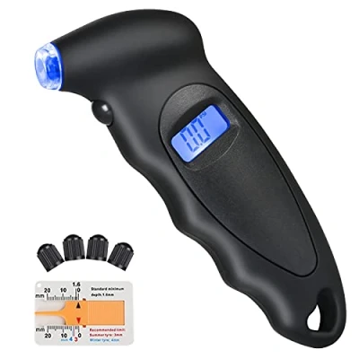 Image of URAQT Tyre Pressure Gauge, 4 Ranges Digital Inflator with Tread Depth Gauge and Pcs Valve Caps, Backlight LCD Display 150 PSI ABS Non Slip Grip for Car, Truck, Bicycle, Motorcycles