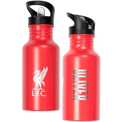 Image of Liverpool FC Personalised Metal Water Bottle 500ml Engraved Name School &amp; Training Gift for Boys Football Fans