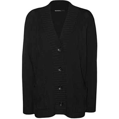 Image of WearAll Plus Size Womens Button Long Sleeve Pocket Top Ladies Knitted Cardigan Black 8 10