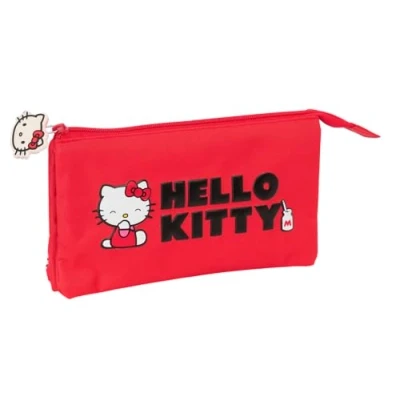 Image of safta Hello Kitty Iconic Triple Pencil Case, Children&#039;s Ideal for Children of School Age, Comfortable and Versatile, Quality Resistance, 22 x 3 12 cm, Red/White, M, Casual