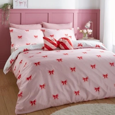 Image of Sassy B Dotty Bows Soft Microfibre Reversible Single Duvet Cover Set with Pillowcase Pink