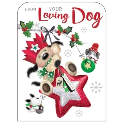 Image of Jonny Javelin General Christmas Card From Your Loving Dog Cuddly Dogs and Decorations with Foil Flitter Details
