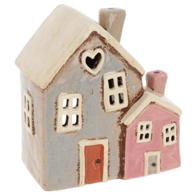 Image of Shudehill Giftware Village Pottery Ceramic Tealight Holder Two Heart House Pink and Grey